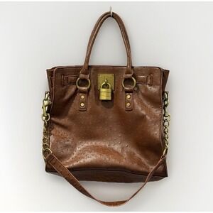 Brown Faux Ostrich Leather Tote Satchel Bag Brass Lock Chain Strap Vintage Style